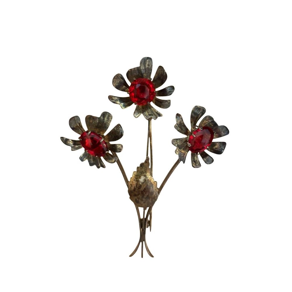 Vintage Gold Tone Floral Brooch Pin With Red Rhinestone Accents